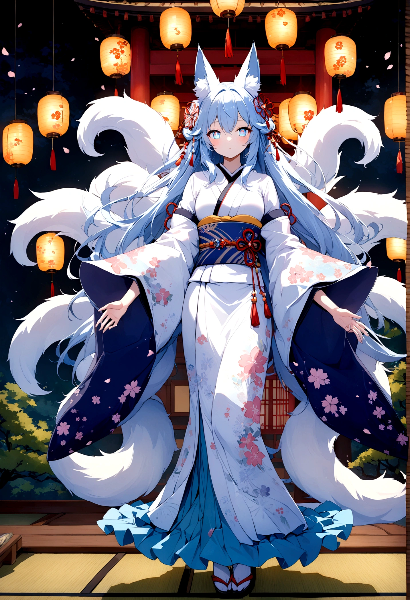fox Light blue hair beast girl indigo fur fox beast girl Wallpaper 4k,8k,highly detailled,,vivid colors,detailed kitsune with 9 tails,traditional Japanese artwork,tatami floor,beautiful cherry blossoms,floating lanterns,dark silhouette of a pagoda,subtle moonlight,dense forest,ethereal atmosphere,dappled sunlight,whimsical spirit,serene expression,elaborate kimono and obi,delicate hand-painted details,luminous eyes