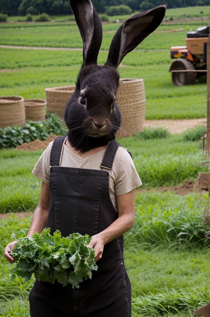 an anthropomorphic black rabbit with floppy ears dressed as a caveman working in a farm field harvesting crops, masterpiece, best, photo realistic