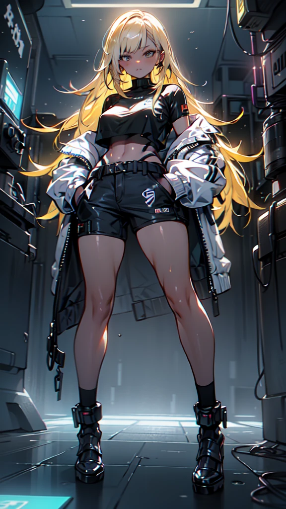 1 girl, long Yellow hair , cyberpunk, blue eyes, high heels, hand in pocket, best quality, 4k, 8k, highres, masterpiece:1.2, ultra-detailed, realistic, photorealistic, photo-realistic:1.37, HDR, UHD, studio lighting, ultra-fine painting, sharp focus, physically-based rendering, extreme detail description, professional, vivid colors, bokeh, cyberpunk, science fiction, neon lights, dark atmosphere, dramatic lighting