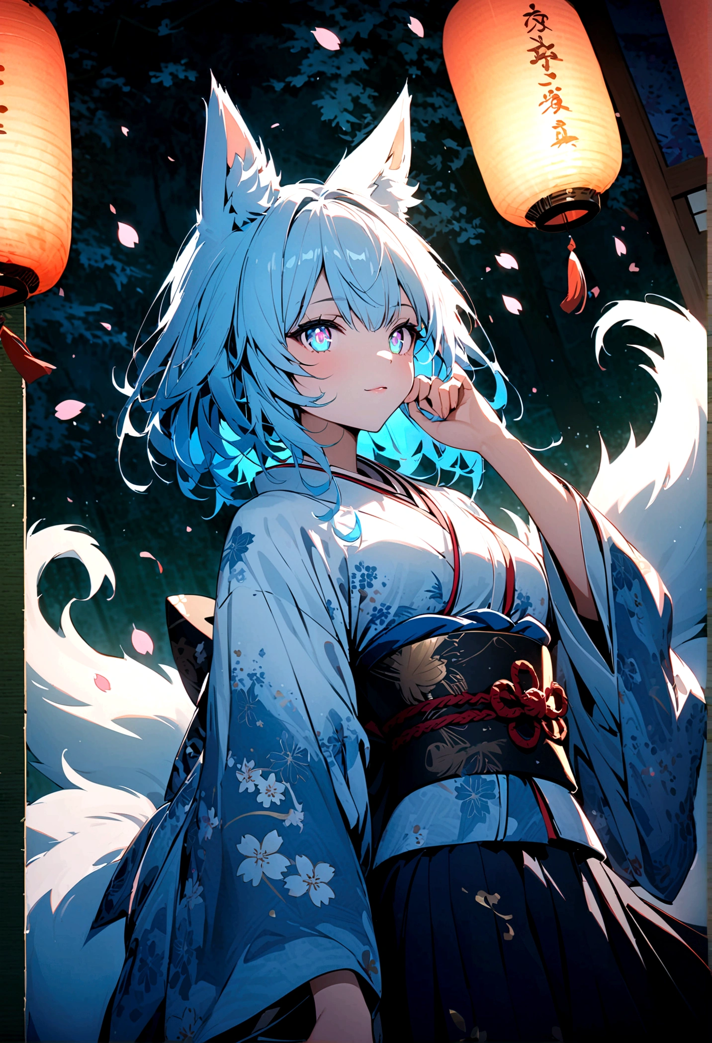 fox Light blue hair beast girl indigo fur fox beast girl Wallpaper 4k,8k,highly detailled,,vivid colors,detailed kitsune with 9 tails,traditional Japanese artwork,tatami floor,beautiful cherry blossoms,floating lanterns,dark silhouette of a pagoda,subtle moonlight,dense forest,ethereal atmosphere,dappled sunlight,whimsical spirit,serene expression,elaborate kimono and obi,delicate hand-painted details,luminous eyes