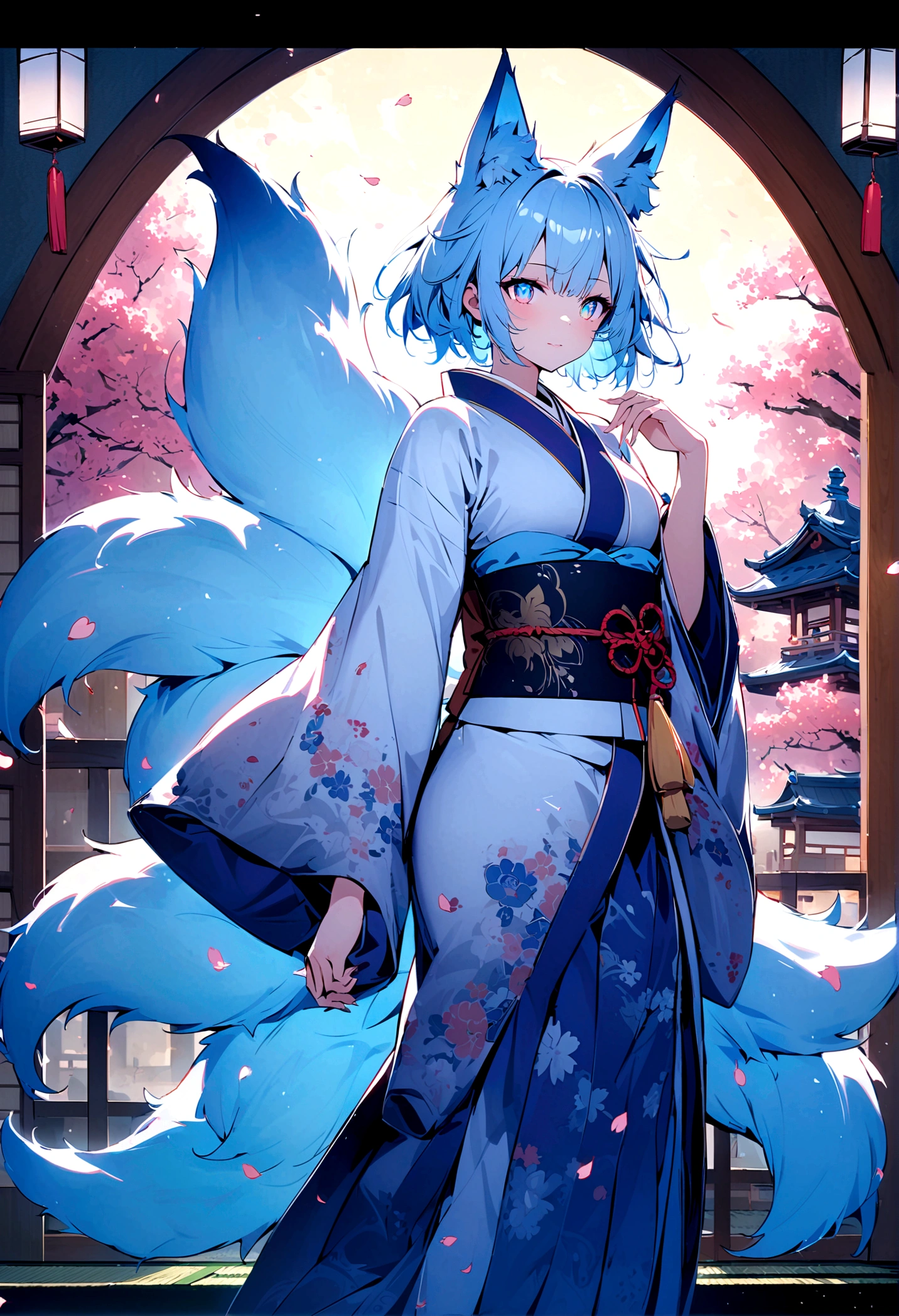 fox Light blue hair 　beast girl　indigo fur　fox beast girl　Wallpaper 4k,8k,highly detailled,,vivid colors,detailed kitsune with 9 tails,traditional Japanese artwork,tatami floor,beautiful cherry blossoms,floating lanterns,dark silhouette of a pagoda,subtle moonlight,dense forest,ethereal atmosphere,dappled sunlight,whimsical spirit,serene expression,elaborate kimono and obi,delicate hand-painted details,luminous eyes