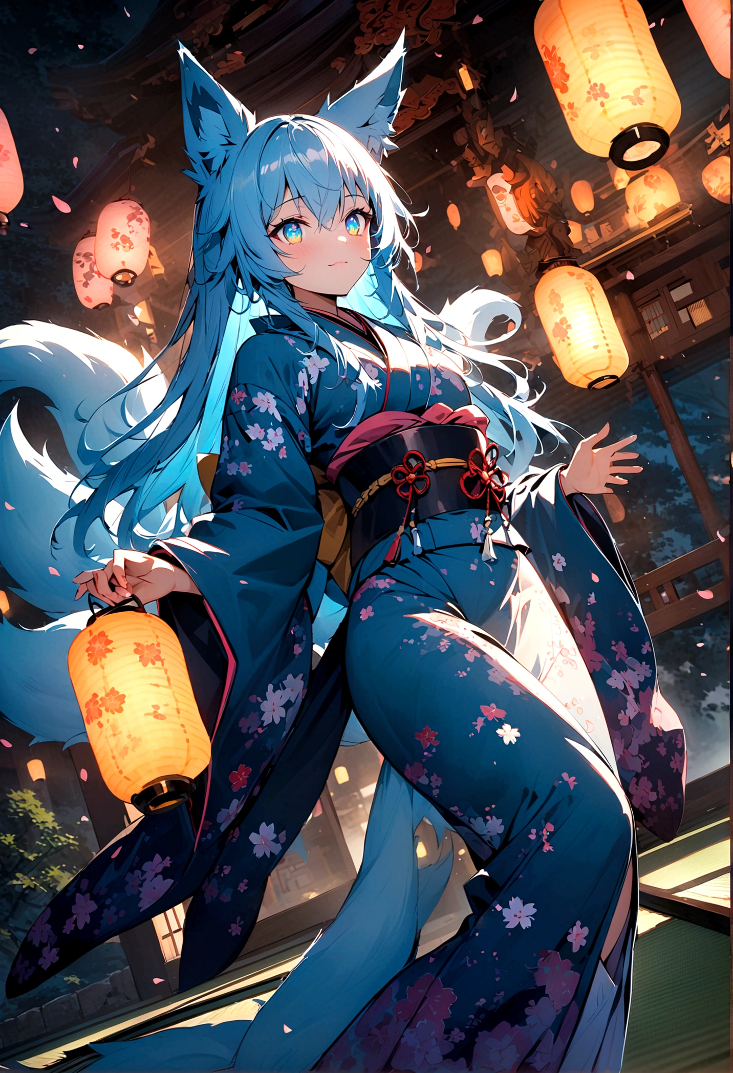 fox Light blue hair beast girl indigo fur fox beast girl Wallpaper 4k,8k,highly detailled,,vivid colors,detailed kitsune with 9 tails,traditional Japanese artwork,tatami floor,beautiful cherry blossoms,floating lanterns,dark silhouette of a pagoda,subtle moonlight,dense forest,ethereal atmosphere,dappled sunlight,whimsical spirit,serene expression,elaborate kimono and obi,delicate hand-painted details,luminous eyes