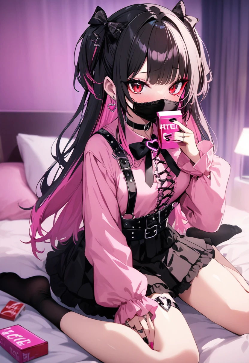 score_9, score_8_up, score_7_up, source_anime, 8k, masterpiece, best quality, ultra-detailed, an extremely delicate and beautiful, official style, depth of field, highly detailed, very aesthetic, intricate, overall detail, perfect anatomy, looking at viewer, ((faint light:1.2)), sit, wariza, on bed, (hotel room, love hotel, pink wall, pink bed sheet), (condom box, okamoto condoms 0.01), holding condom box, (pink smartphone), BREAK 1girl, solo, (black hair, pink hair, two-tone hair, multicolored hair), long hair, two side up, black hair bow, red eyes, red eyeshadow under eye, pink cheek, jirai kei, yami_kawaii, (cross-laced clothes, pink shirt, long sleeves, frilled sleeves), frill, black bowtie, black skirt, black suspenders, black socks, heart brooch, heart earrings, ring, (multicolored nails, nail polish, pink nails, black nails), (mouth mask, black mouth mask), black belt, o-ring thigh strap, black choker, smirk