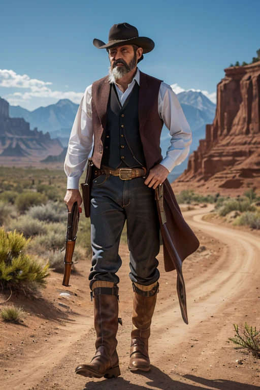 (8k, Highest quality, Tabletop:1.2)、Ultra-high resolution, Detailed face, One Man, 55 years old、Black Hair、beard、short hair、cowboy、Ten-gallon hat、Waistcoat、boots、Gun on hip、wilderness、Cactus、western drama、Shotgun