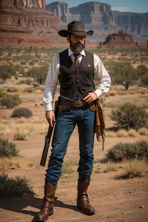 (8k, Highest quality, Tabletop:1.2)、Ultra-high resolution, Detailed face, One Man, 55 years old、Black Hair、beard、short hair、cowboy、Ten-gallon hat、Waistcoat、boots、Gun on hip、wilderness、Cactus、western drama、Shotgun