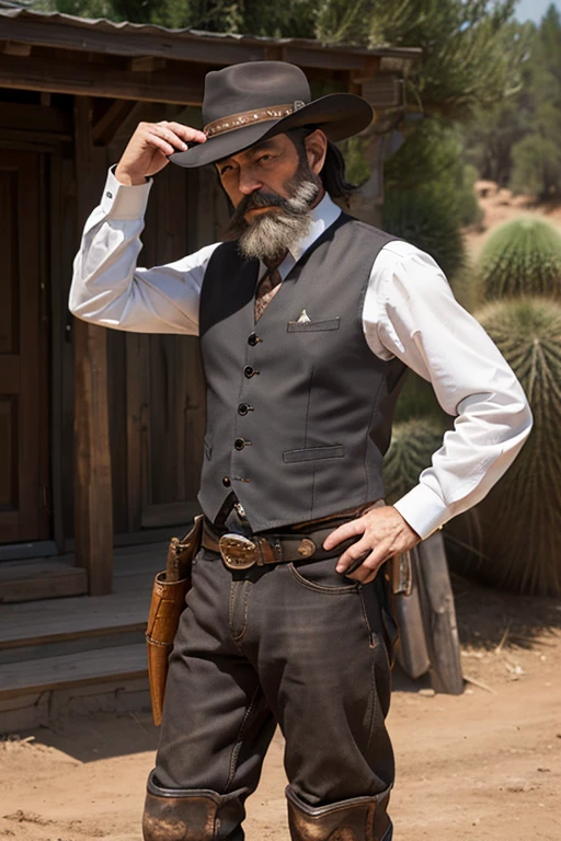 (8k, Highest quality, Tabletop:1.2)、Ultra-high resolution, Detailed face, One Man, 55 years old、Black Hair、beard、short hair、cowboy、Ten-gallon hat、Waistcoat、boots、Gun on hip、wilderness、Cactus、western drama、Shotgun