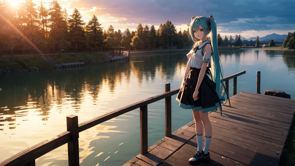 Hatsune Miku standing on a wooden bridge illuminated by the setting sun。She stared into the distance、I&#39;m reminiscing on fond memories。Surrounded by a quiet lake、Her hair is blowing in the wind。This scene is、It has a calm and emotive atmosphere that connects the past and the present.。