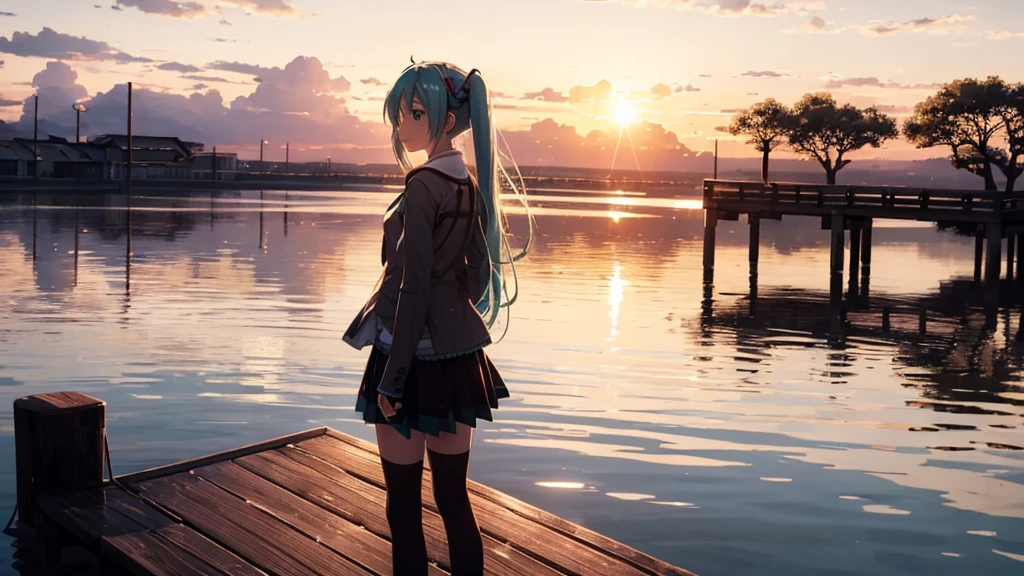 Hatsune Miku standing on a wooden bridge illuminated by the setting sun。She stared into the distance、I'm reminiscing on fond memories。Surrounded by a quiet lake、Her hair is blowing in the wind。This scene is、It has a calm and emotive atmosphere that connects the past and the present.。