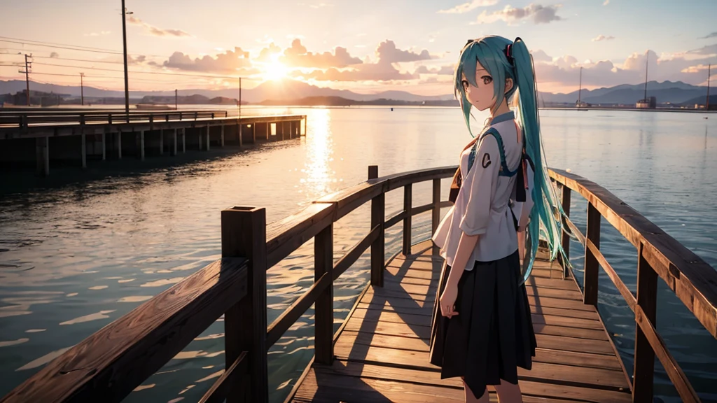 Hatsune Miku standing on a wooden bridge illuminated by the setting sun。She stared into the distance、I&#39;m reminiscing on fond memories。Surrounded by a quiet lake、Her hair is blowing in the wind。This scene is、It has a calm and emotive atmosphere that connects the past and the present.。