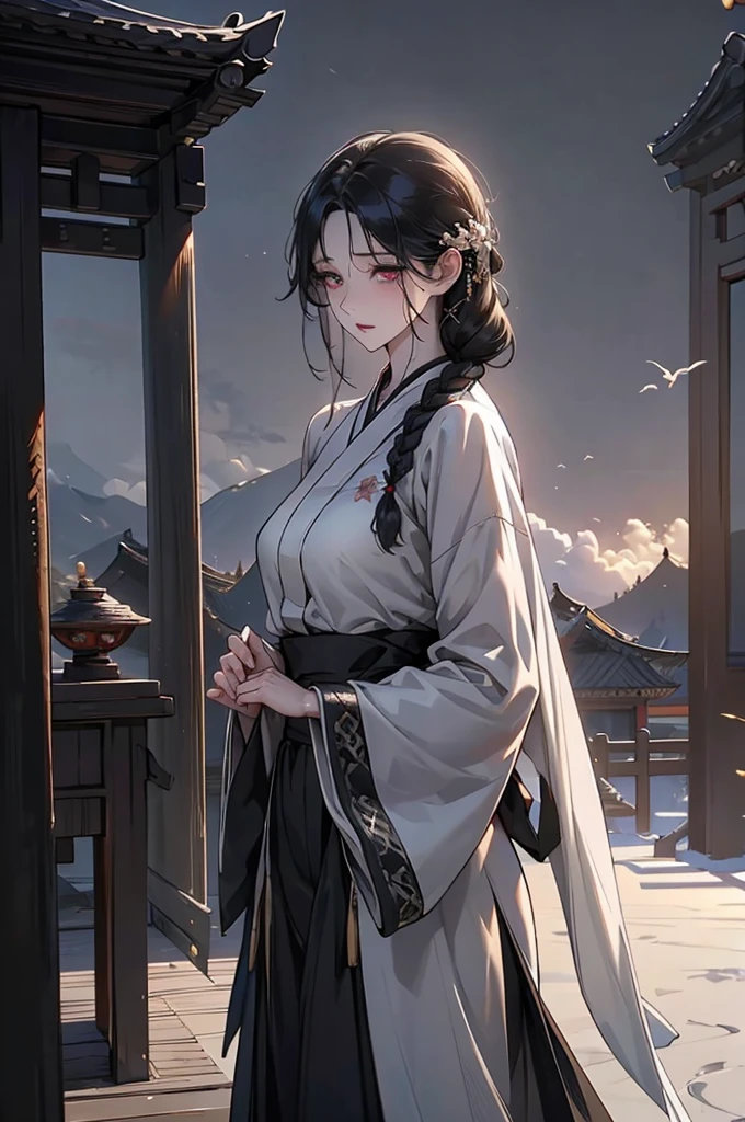 masterpiece, best quality, extremely detailed CG unity 8k wallpaper, (ultra detailed), (ultra realistic), RAW photo, photorealistic, 8k, high res, extremely detailed face, sharp focus, intricate details, absurdres, sun, cloud, wind, nature, east asian architecture, beautiful detailed sky, 1girl, (korean clothes, long sleeve, hanbok), black hair, low braid hair, parted bangs, (pale skin:1.2), black gradient eyes, glowing black eyes,