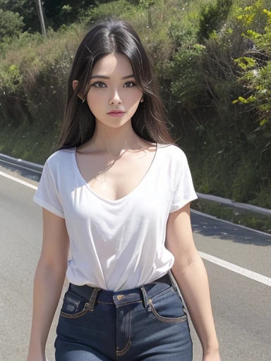 a lot of details, (underweight), 30 years old, detailed black hair, beautiful detailed hair, super fucking beautiful, delicate beautiful face, complex details beautiful and delicate eyes, perfect hands, (flat chest best quality:1.5), perfect and delicate limbs, detailed skin, best quality, ultra-detailed,
mountain, road, yamaha motorcycle, tired, walking, white t-shirt, jeans, japanese, on the road, on the mountain, (Scene of walking while pushing a Yamaha motorcycle:1.5), blue sky and shining lights, full body shot, from front, ground-level shot, wide shot