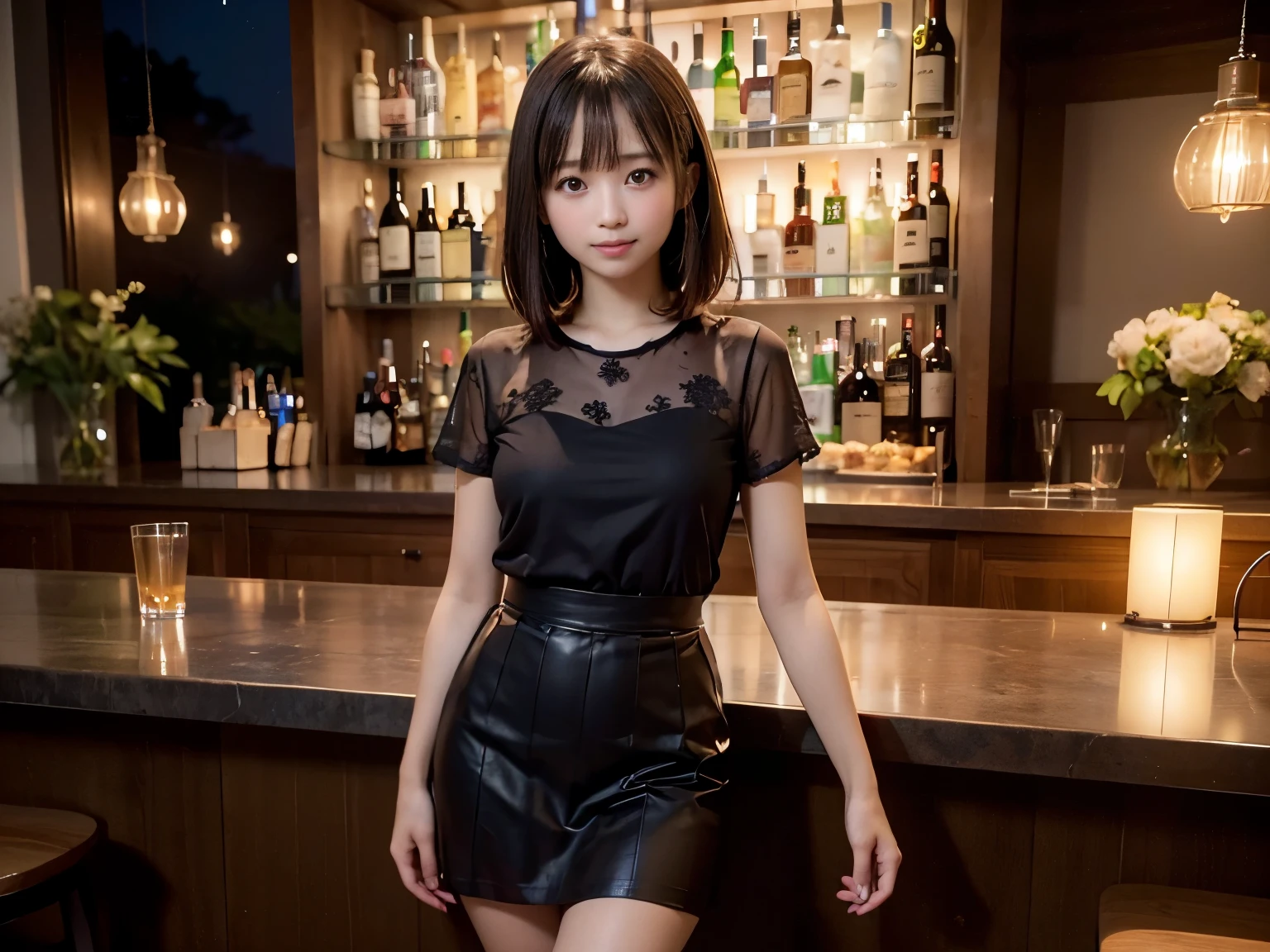 (Highest quality, masterpiece, Ultra-high resolution, 8k, RAW Photos, Realistic, Anatomically correct:1.5), (Stainless steel round bar fence:1.0, Put your elbow on the fence:1.2, high school girl、20-year-old girl:1.2, Embarrassing, avert your eyes, blush:1.0, View Viewer, ((bar)) 、Night view、 Light:1.2, Bokeh, Cinema Lighting:1.0, Depth of written boundary, sharp、 Cute face、Idol、Black short sleeve lace top、Black pleated skirt、Black clothing、”dwarf”、(Floral clothes)、Full Body Shot、Cowboy Shot、 smile、(Ultra short hair、Berry Short)、(Straight bangs)、(See-through)、See-through、