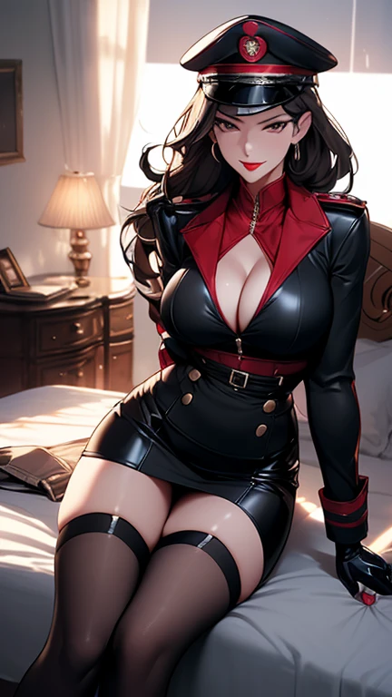 Mature Woman,(uniform,Tight Skirt, High heels,stockings,Uniform cap)((Female Officer、female soldier、female cadres、NCO、Assassin)),、((A seductive smile)), (From above:1.1), blush, eyelash, Beautiful Eyes, belly button, Fishnet Focus),Mole on chest, Perfect body, Thick thighs, Wide Hips, Seductive Woman, Red lips, Shadow, Villainess,latex,Holster on thigh, Concealed gun in thigh,,There is cleavage in the chest,Spread your legs and seduce、Open your legs、background:On the bed