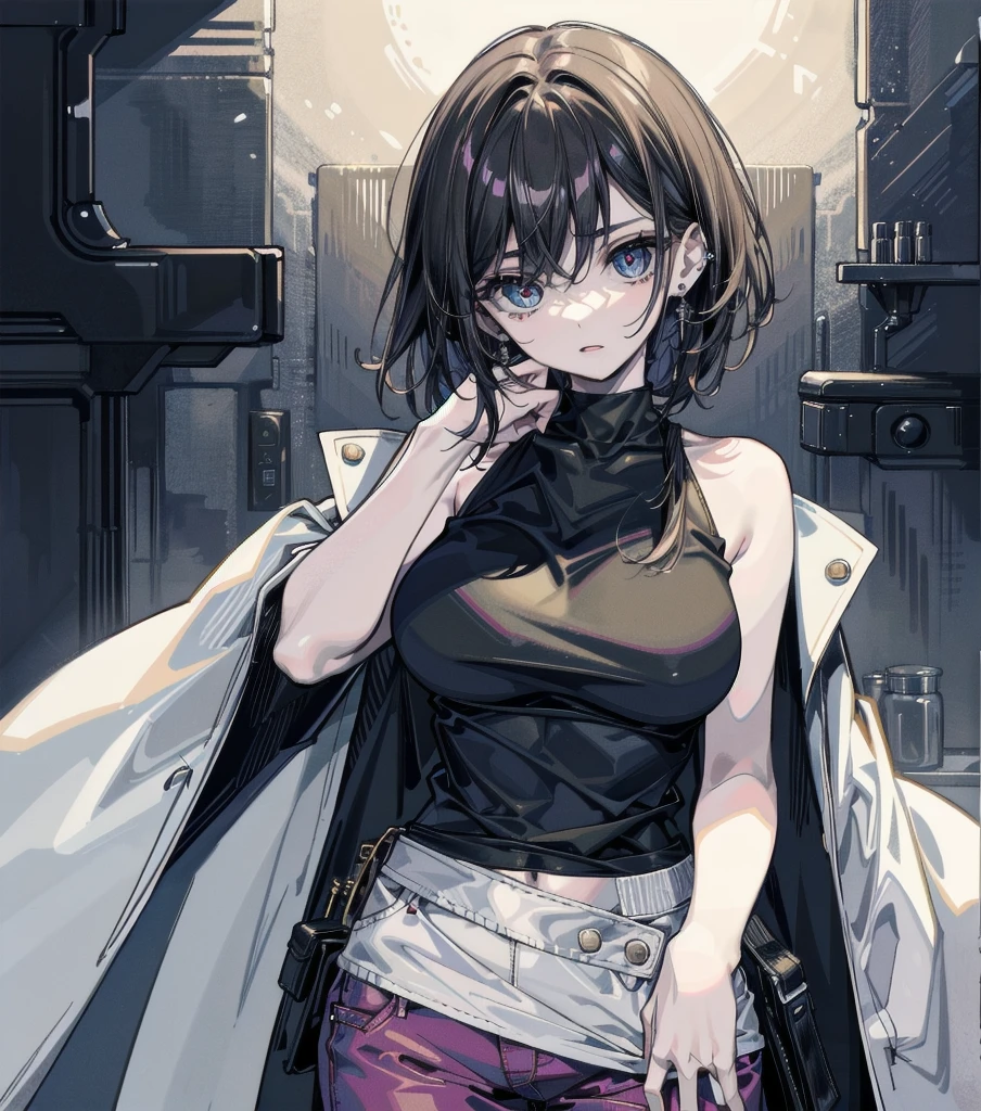 whole body, absurdres, RAW photo, extremely delicate and beautiful, masterpiece, Best Quality, ultra high resolution, 32k, hyperrealistic, ultra-detailed, detailed description, pale skin, 20 years old, detailed beautiful face and eyes, big tits, medium hair, black hair, tearful mole, earring, t-shirt, tank top, Hot Pants,