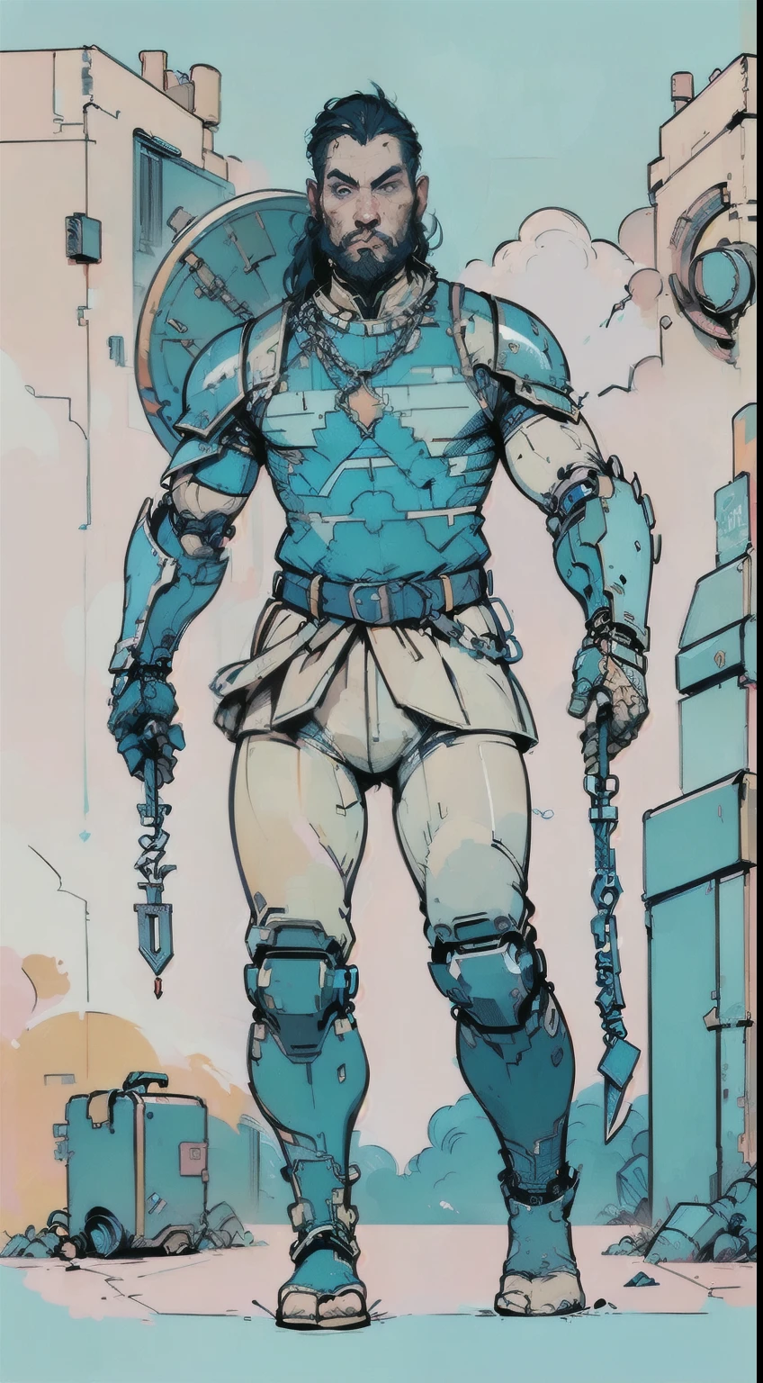 1man, giant brutish man, perfect proportions, anatomically correct, (head to toe: 2.0), (full body image: 2.0), solo, extremely stylized, masterpiece, highly detailed, detailed eyes, expressive detailed eyes, detailed pupils, futuristic, ((wearing medieval armor )), ((holding a sword and shield)), (cybernetic arms:1.4), big boots, entire body image, full body shot, large beads, (large tassels), inkpunk, paint platter, ink splatter, (action pose:1.0), ((chainmail shirt)), old warrior, long beard, ((armor shoulders))