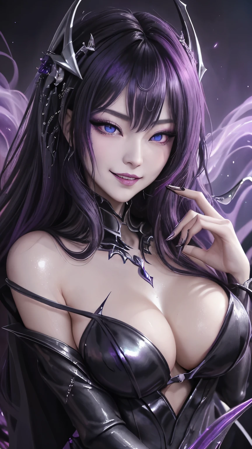 arcane arachnid lady, elise the spider queen, league of legends, arcane arachnid, fighting stance, ( body formed from metallic mauveine and metallic black liquid metallic paint twisting into a beautiful interpretation of the female figure), long sharp fangs, au naturel, ((complex metallic colours in the foreground)), (( fluid mechanics, the loveliest smooth scale face makeup, smirky expression)) - dark blood, onyxia、Noir painting of a beautiful young witch, Long purple hair, Rich purple lips, evil, evil female, smile, Black Prom Dress, She is coming to you, Close-up, Bright Blue Eyes, Surrounded by swirling pink smoke, Genuine, High detail, Highest quality