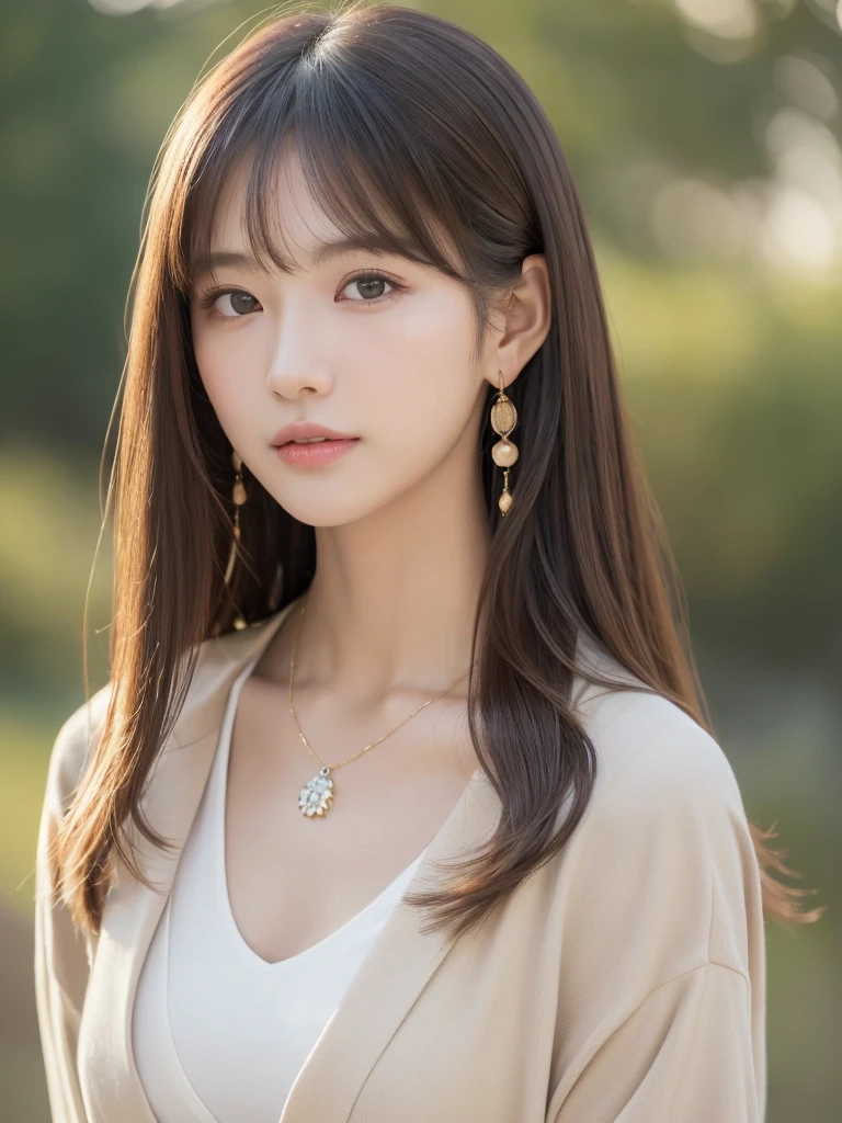 ((Highest quality, 8K, masterpiece:1.3)), concentrate: 1.2, Perfect body beauty: 1.4, Hips: 1.2, ((Long Hair, chest: 1.2)), (Dry clothes: 1.1) , (clear, Simple Background:1.3), Simple clothes: 1.1, Highly detailed face and skin texture,Delicate eyes, double eyelid, Whitened skin, Rough skin、Long Hair、Earrings with bangs、necklace、 solo、Beige coat、White shirt, (((Beautiful girl with cute Japan)))、 ((Beautiful Japanese girl 20 years old))、 ((Baby Face))、 (((Slender body)))、 Upper Body,Face focus、necklace,Simple Background,From above, Realistic Hair、 A photograph was taken:Canon EOS R6、135mm、1/1250 seconds、f2.8、ISO400、(Detailed explanation of the hand)、(Masseter muscle area)、(Exquisite CG)、Long Hair, loose and curly hair、Korean Hair、Long Hair明るいベージュ色、グラデーションハイライトグレージュのゆるふわLong Hairスタイル、