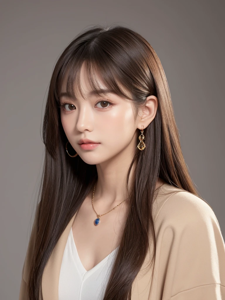((Highest quality, 8K, masterpiece:1.3)), concentrate: 1.2, Perfect body beauty: 1.4, Hips: 1.2, ((Long Hair, chest: 1.2)), (Dry clothes: 1.1) , (clear, Simple Background:1.3), Simple clothes: 1.1, Highly detailed face and skin texture,Delicate eyes, double eyelid, Whitened skin, Rough skin、Long Hair、Earrings with bangs、necklace、 solo、Beige coat、White shirt, (((Beautiful girl with cute Japan)))、 ((Beautiful Japanese girl 20 years old))、 ((Baby Face))、 (((Slender body)))、 Upper Body,Face focus、necklace,Simple Background,From above, Realistic Hair、 A photograph was taken:Canon EOS R6、135mm、1/1250 seconds、f2.8、ISO400、(Detailed explanation of the hand)、(Masseter muscle area)、(Exquisite CG)、Long Hair, loose and curly hair、Korean Hair、Long Hair明るいベージュ色、グラデーションハイライトグレージュのゆるふわLong Hairスタイル、