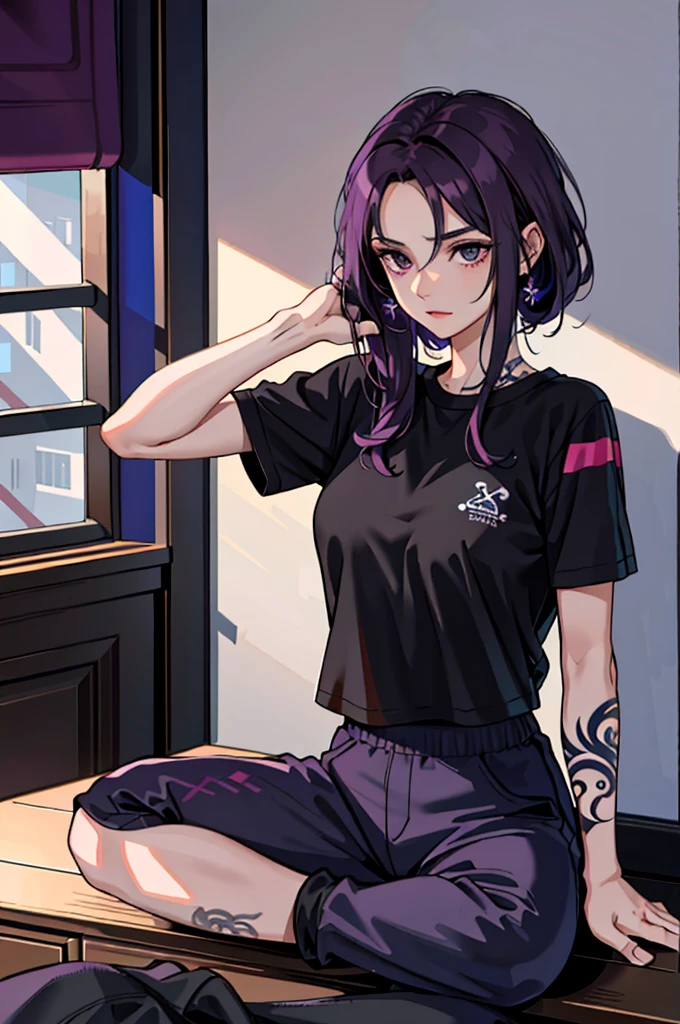 (masterpiece:1.2, best quality), (1girl, solo:1.2), crossed hands,straight pov, dark violet hair, black T-shirt, sport pants, (tattoos), room, crossed hands,straight pov
