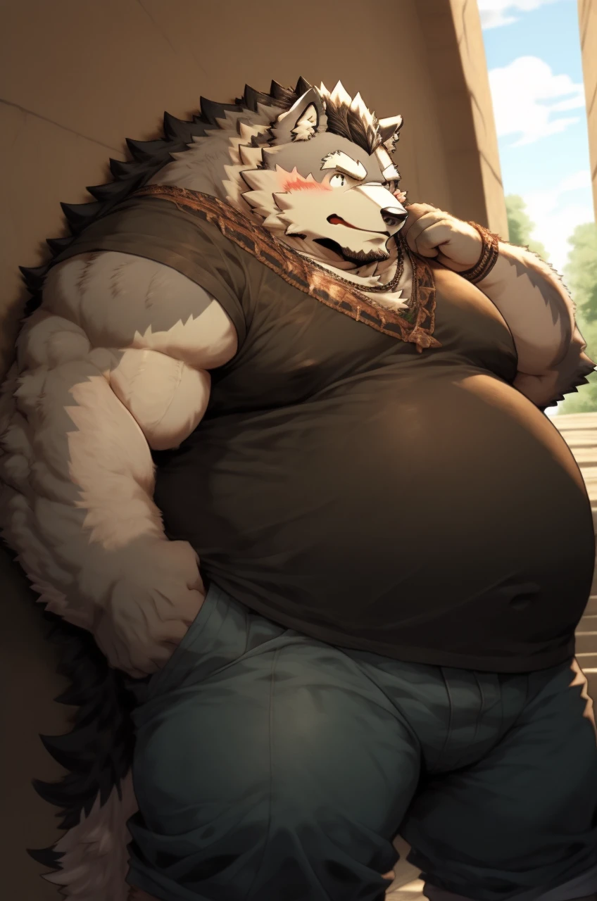 personaje de anime con una gran barriga y una gran barriga parada frente a una pared de ladrillos, un retrato de personaje inspirado en Fujishima Takeji, pixiv, arte peludo, grueso, pecho peludo, pecho esponjoso, anime peludo, cuerpo bacanal gordo y fuerte, pov arte peludo, fursona vistiendo ropa elegante, Personaje peludo, cuerpo robusto y fornido, Gran panza, lobo, lobo gris, e621, kemono