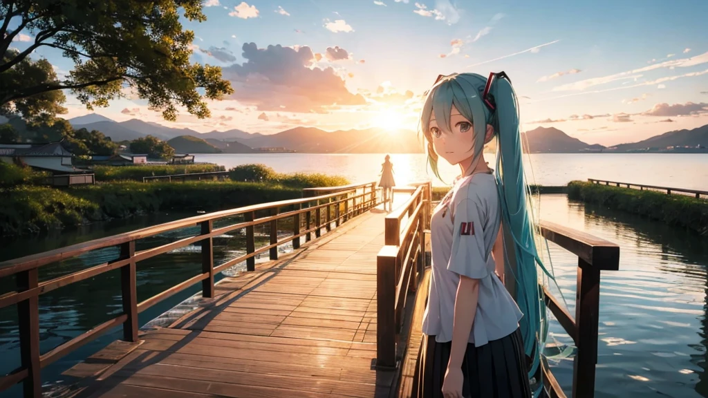 Hatsune Miku standing on a wooden bridge illuminated by the setting sun。She stared into the distance、I'm reminiscing on fond memories。Surrounded by a quiet lake、Her hair is blowing in the wind。This scene is、It has a calm and emotive atmosphere that connects the past and the present.。
