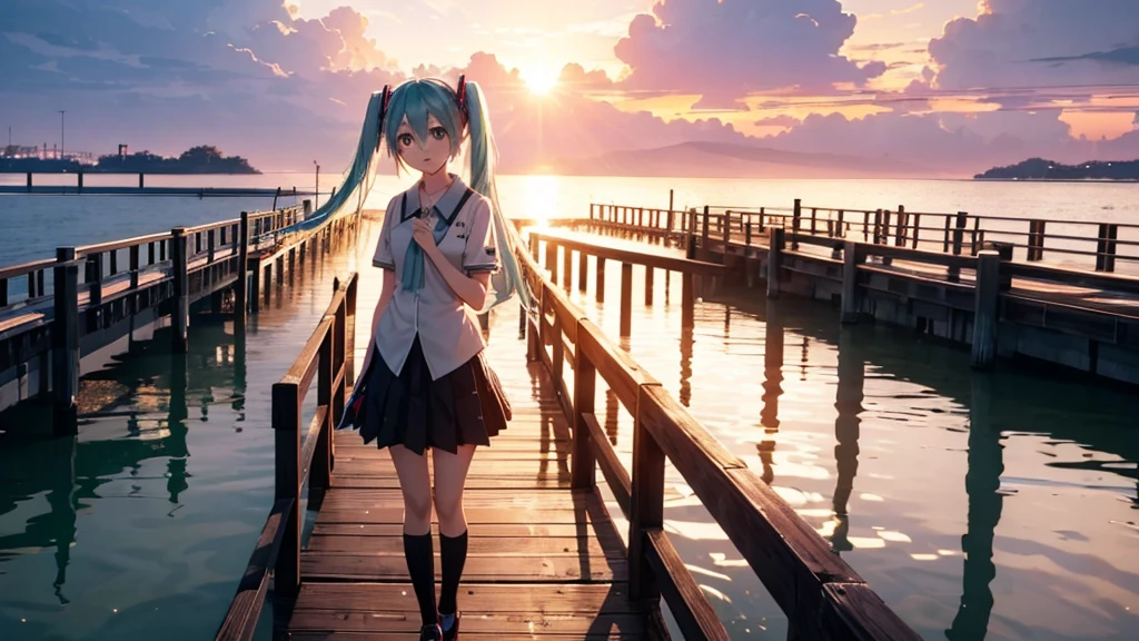 Hatsune Miku standing on a wooden bridge illuminated by the setting sun。She stared into the distance、I'm reminiscing on fond memories。Surrounded by a quiet lake、Her hair is blowing in the wind。This scene is、It has a calm and emotive atmosphere that connects the past and the present.。