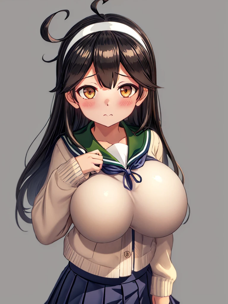 Highest quality, masterpiece, High resolution, 一人in, {Ushio_Fleet Collection:1.15}, length_hair, black_hair, Ahoge, brown_eye, blush, chest, Seraph, big_chest, One girl, green_Sailor_collar, Looking_in_Audience, Sailor_collar, School_uniform, green_skirt, cardigan, Simple_background, skirt, gray_background, hairband, pleined_skirt, white_hairband, hair_between_eye, upper_body