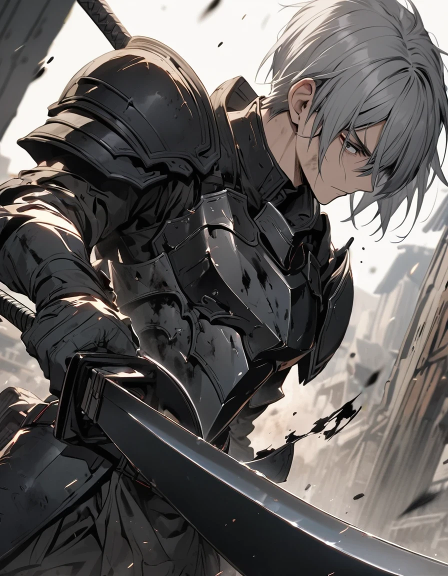 All-black damaged armor　Expose　Ink painting art
