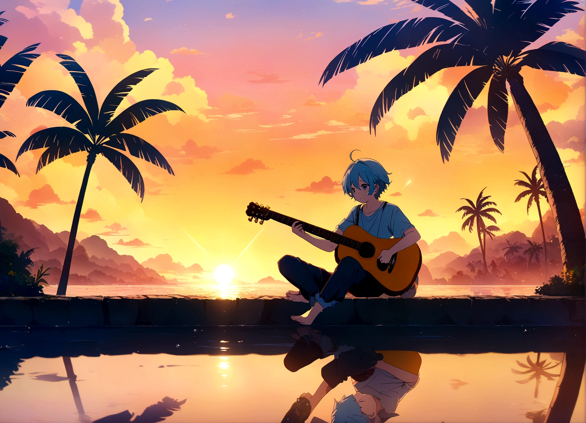 Anime boy sitting on the shelf and playing guitar at sunset, Anime Art Wallpapers 8K, anime art wallpaper 4k, anime art wallpaper 4k, Anime Style4K, anime wallpaper 4k, anime wallpaper 4k, anime wallpaper 4k, Manga Wallpaper, 4K Wallpaper, Makoto Shinkai Cirilo Rolando, Girl playing guitar, LOFI Girl,(Warm, vibrant colors), (soft, Golden Light), (Sparkling reflections on the water), Anime Style，Ocean，Oceanのビーチ，Coconut Tree