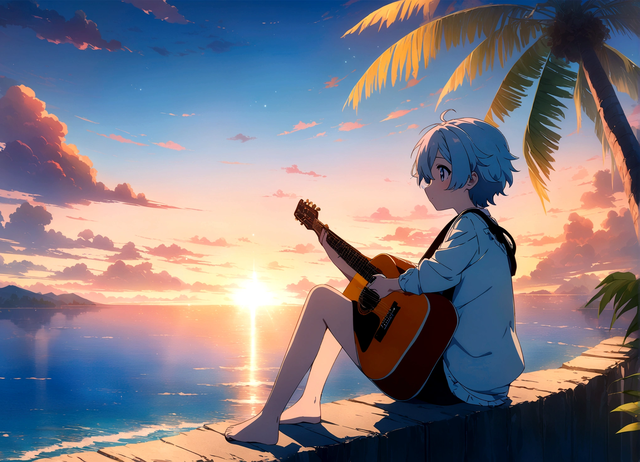 Anime boy sitting on the shelf and playing guitar at sunset, Anime Art Wallpapers 8K, anime art wallpaper 4k, anime art wallpaper 4k, Anime Style4K, anime wallpaper 4k, anime wallpaper 4k, anime wallpaper 4k, Manga Wallpaper, 4K Wallpaper, Makoto Shinkai Cirilo Rolando, Girl playing guitar, LOFI Girl,(Warm, vibrant colors), (soft, Golden Light), (Sparkling reflections on the water), Anime Style，Ocean，Oceanのビーチ，Coconut Tree