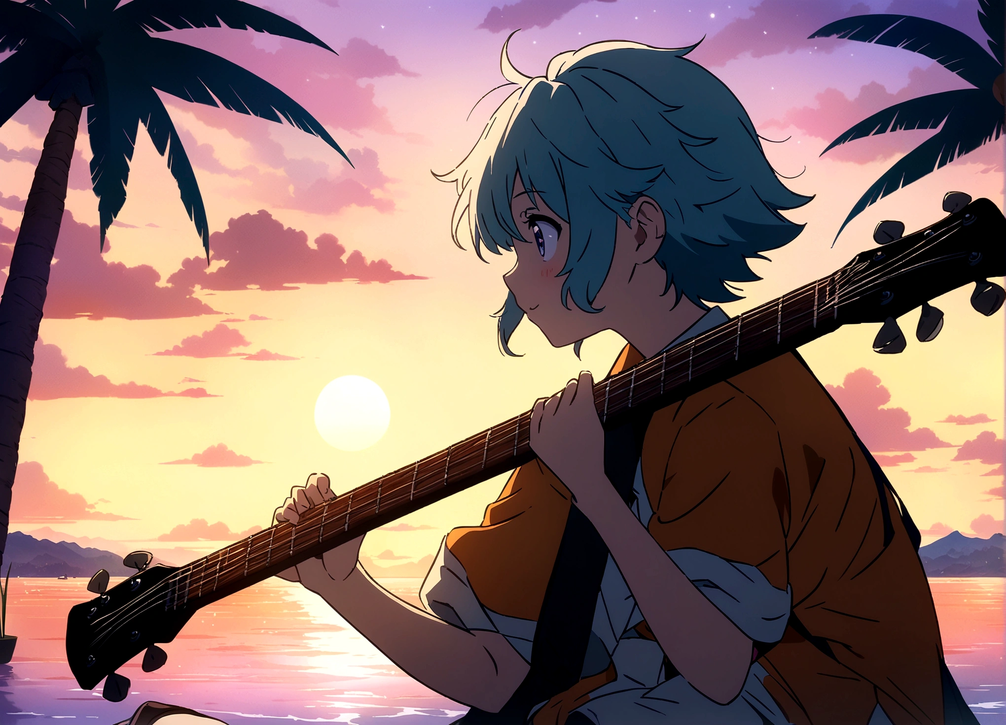 Anime boy sitting on the shelf and playing guitar at sunset, Anime Art Wallpapers 8K, anime art wallpaper 4k, anime art wallpaper 4k, Anime Style4K, anime wallpaper 4k, anime wallpaper 4k, anime wallpaper 4k, Manga Wallpaper, 4K Wallpaper, Makoto Shinkai Cirilo Rolando, Girl playing guitar, LOFI Girl,(Warm, vibrant colors), (soft, Golden Light), (Sparkling reflections on the water), Anime Style,Ocean,Oceanのビーチ,Coconut Tree