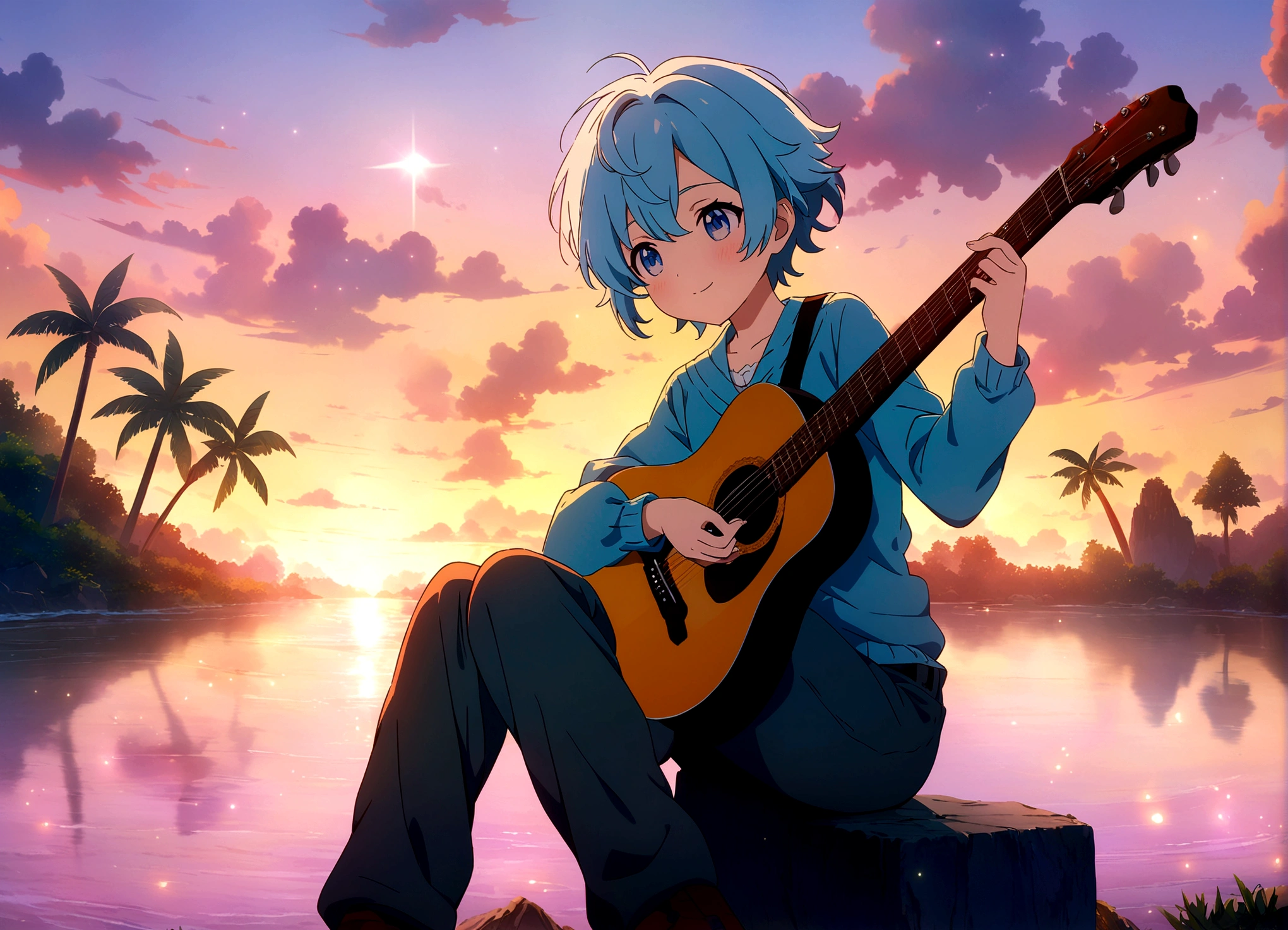 Anime boy sitting on the shelf and playing guitar at sunset, Anime Art Wallpapers 8K, anime art wallpaper 4k, anime art wallpaper 4k, Anime Style4K, anime wallpaper 4k, anime wallpaper 4k, anime wallpaper 4k, Manga Wallpaper, 4K Wallpaper, Makoto Shinkai Cirilo Rolando, Girl playing guitar, LOFI Girl,(Warm, vibrant colors), (soft, Golden Light), (Sparkling reflections on the water), Anime Style，Ocean，Oceanのビーチ，Coconut Tree