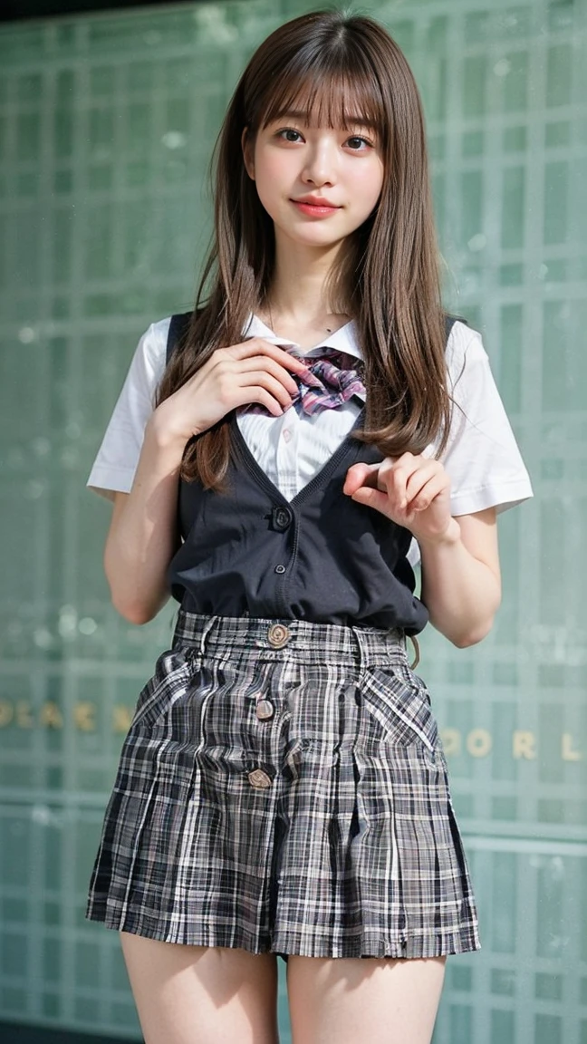 (((cowboy shot))),Ultra-high resolution,big eyes,((brown eyes)),Japanese,(forehead),(a girl),(1 girl),(()),(cute),pretty,((facing at viewer)),arms behind back,grin,(((black school sailor uniform))),pleated skirt,(((disney land)))