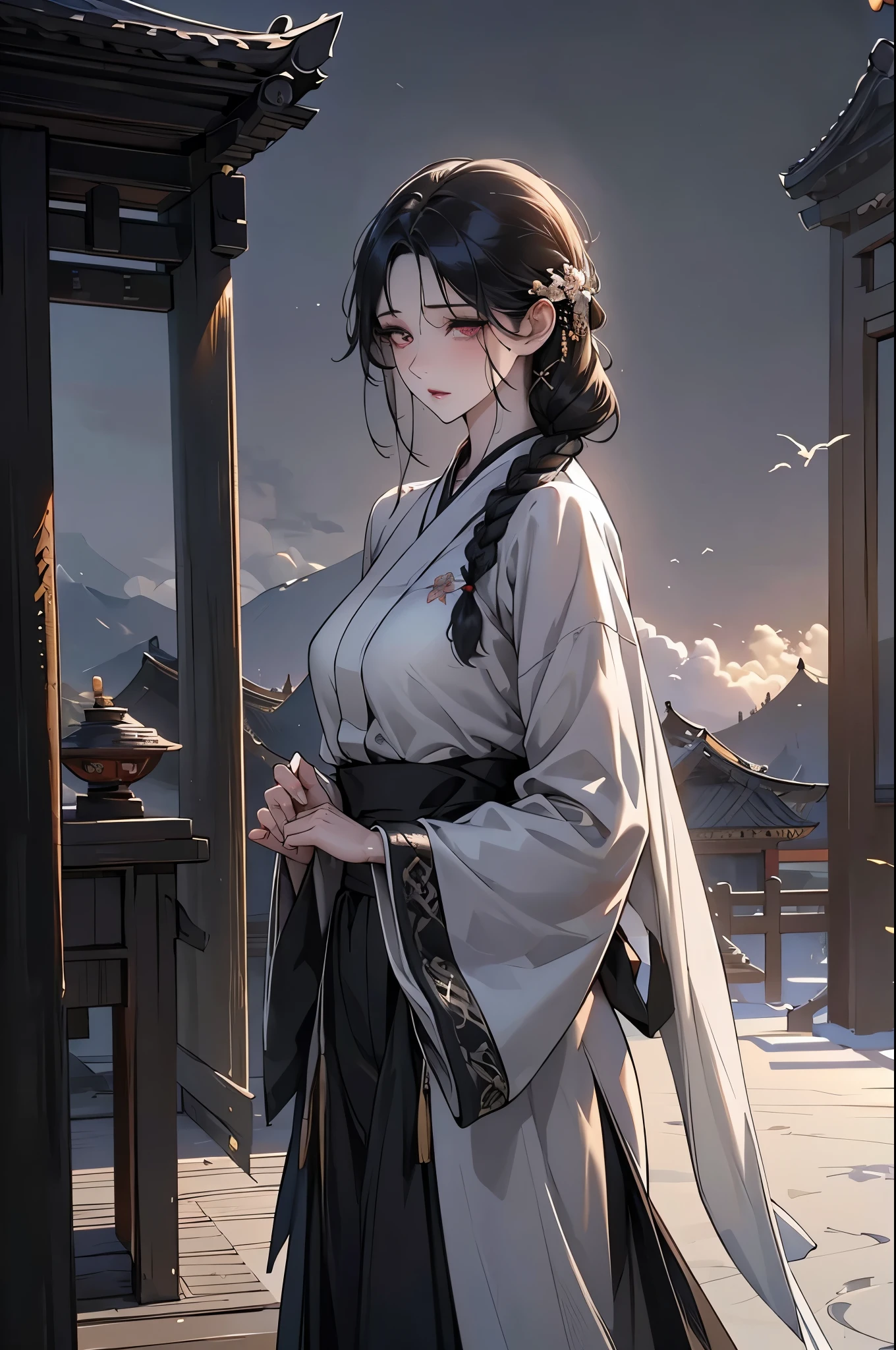 masterpiece, best quality, extremely detailed CG unity 8k wallpaper, (ultra detailed), (ultra realistic), RAW photo, photorealistic, 8k, high res, extremely detailed face, sharp focus, intricate details, absurdres, sun, cloud, wind, nature, east asian architecture, beautiful detailed sky, 1girl, (korean clothes, long sleeve, hanbok), black hair, low braid hair, parted bangs, (pale skin:1.2), black gradient eyes, glowing black eyes,
