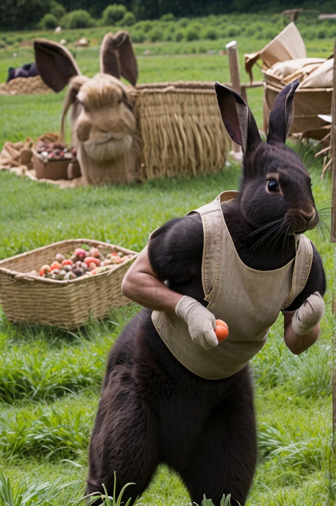 an anthropomorphic black rabbit with floppy ears dressed as a caveman working in a farm field harvesting crops, masterpiece, best, photo realistic