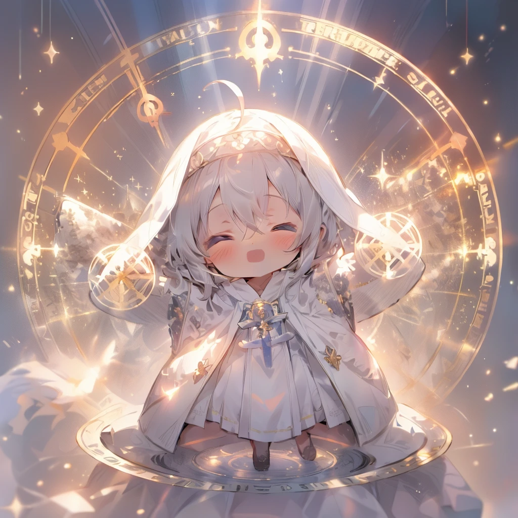 (Pearl Masterpiece 1.3), (Best Quality), (ultra-detailliert), (girl with), (Solo), (Cool), Full body, (((Closed eyes))), (Holding the priest's staff:1.10), Skirt, shoes, Ahoge, (White priest's robe:1.4), (a white veil:1.5), (Arms Spread Pose:1.6), (((goddess))), (((Deformed))), (The Effect of God's Light:1.3), (Sparkle effect:1.3), (Holy Light:1.5), (Aura of Sacred Light:1.5), (Field of Sacred Light:1.1), (The Magic of Sacred Light:1.2) ,(Magic Circle:1.2), (Twilight rays:1.5), (White background)