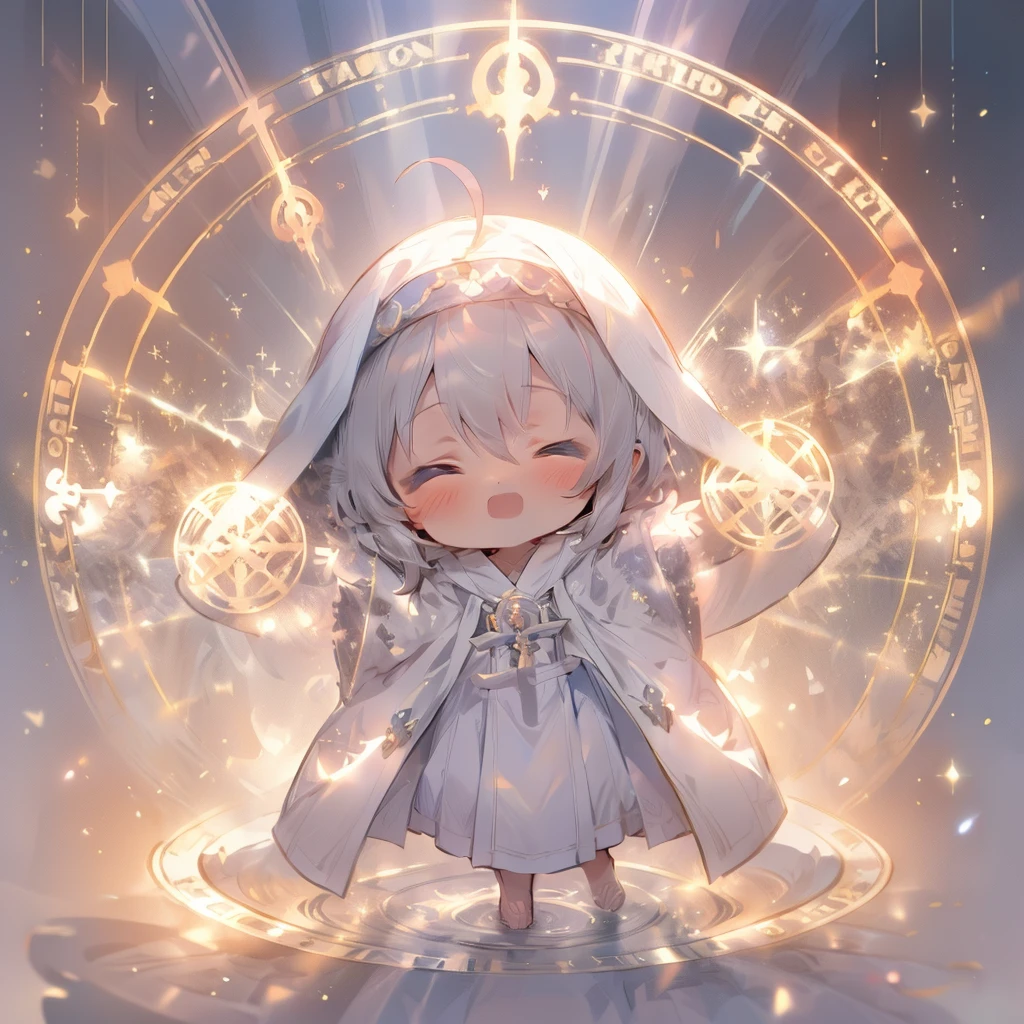 (Pearl Masterpiece 1.3), (Best Quality), (ultra-detailliert), (girl with), (Solo), (Cool), Full body, (((Closed eyes))), (Holding the priest's staff:1.10), Skirt, shoes, Ahoge, (White priest's robe:1.4), (a white veil:1.5), (Arms Spread Pose:1.6), (((goddess))), (((Deformed))), (The Effect of God's Light:1.3), (Sparkle effect:1.3), (Holy Light:1.5), (Aura of Sacred Light:1.5), (Field of Sacred Light:1.1), (The Magic of Sacred Light:1.2) ,(Magic Circle:1.2), (Twilight rays:1.5), (White background)