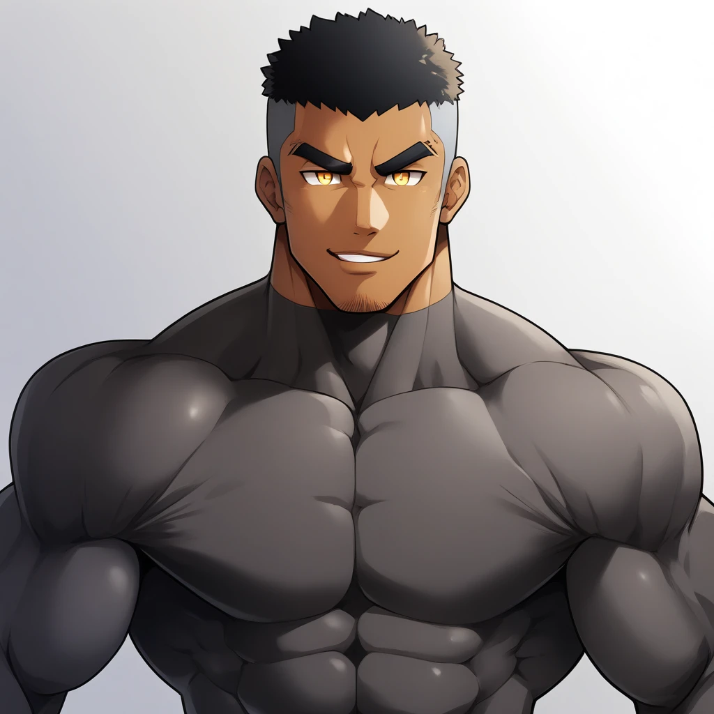 one , anime characters:Gyee, Muscle Sports Student, negrok skin, Very Black, 1 muscular tough guy, Manliness, male focus, Dark grey ong sleeve tights, Regular symmetrical pattern, Very tight, The pectoral muscles are oversized, muscular male, muscular, only, Upper body, alone, Black short hair, Thick eyebrows, stubble, Yellow eyes, White background, simple background, amazing quality, best aesthetics, Ridiculous, bright pupils, crew cut, parted lips, seductive smile, torogao, naughty face, best quality