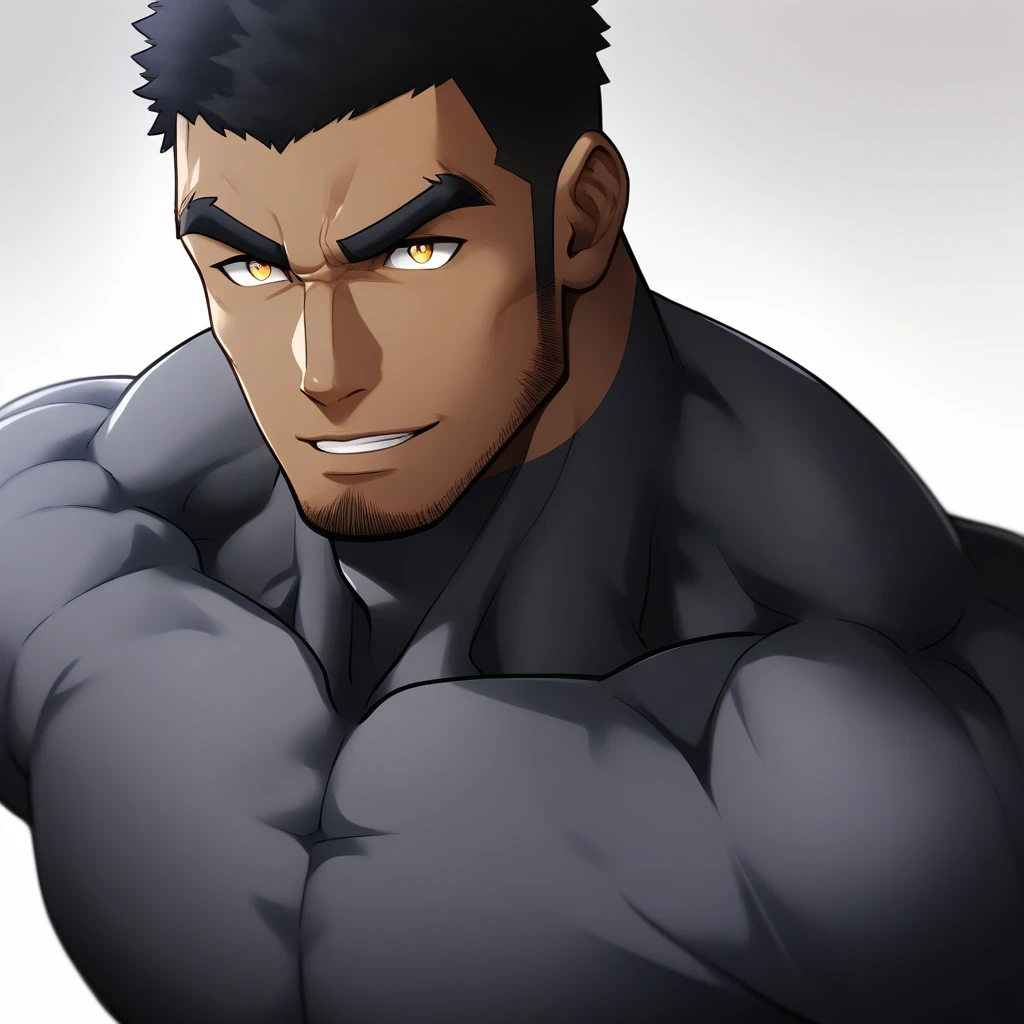 one negro, anime characters:Gyee, Muscle Sports Student, negro black skin, Very Black, 1 muscular tough guy, Manliness, male focus, Dark grey ong sleeve tights, Regular symmetrical pattern, Very tight, The pectoral muscles are oversized, muscular male, muscular, only, Upper body, alone, Black short hair, Thick eyebrows, stubble, Yellow eyes, White background, simple background, amazing quality, best aesthetics, Ridiculous, bright pupils, crew cut, parted lips, seductive smile, torogao, naughty face, best quality