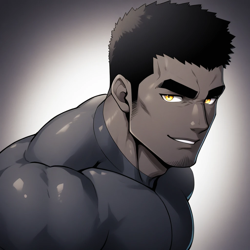 one negro, anime characters：Gyee, Muscle Sports Student, negro black skin, Very Black, 1 muscular tough guy, Manliness, male focus, Dark grey ong sleeve tights, Regular symmetrical pattern, Very tight, The pectoral muscles are oversized, muscular male, muscular, only, Upper body, alone, Black short hair, Thick eyebrows, stubble, Yellow eyes, White background, simple background, amazing quality, best aesthetics, Ridiculous, bright pupils, crew cut, parted lips, seductive smile, torogao, naughty face, best quality
