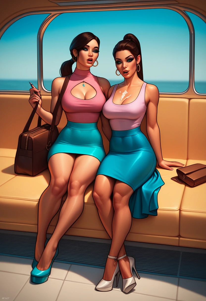 1. Beautiful Women, Big body, Asian Girl, ponytail, Contoured eyelids, Makeup eyelids, Sleeveless shirt, Pink Shirt, Cleavage, skirt, turquoise skirt, High heels, Cream colored shoes, Brown bag, Sit on the bus and sleep, Open your mouth, close your eyes、Love Jure