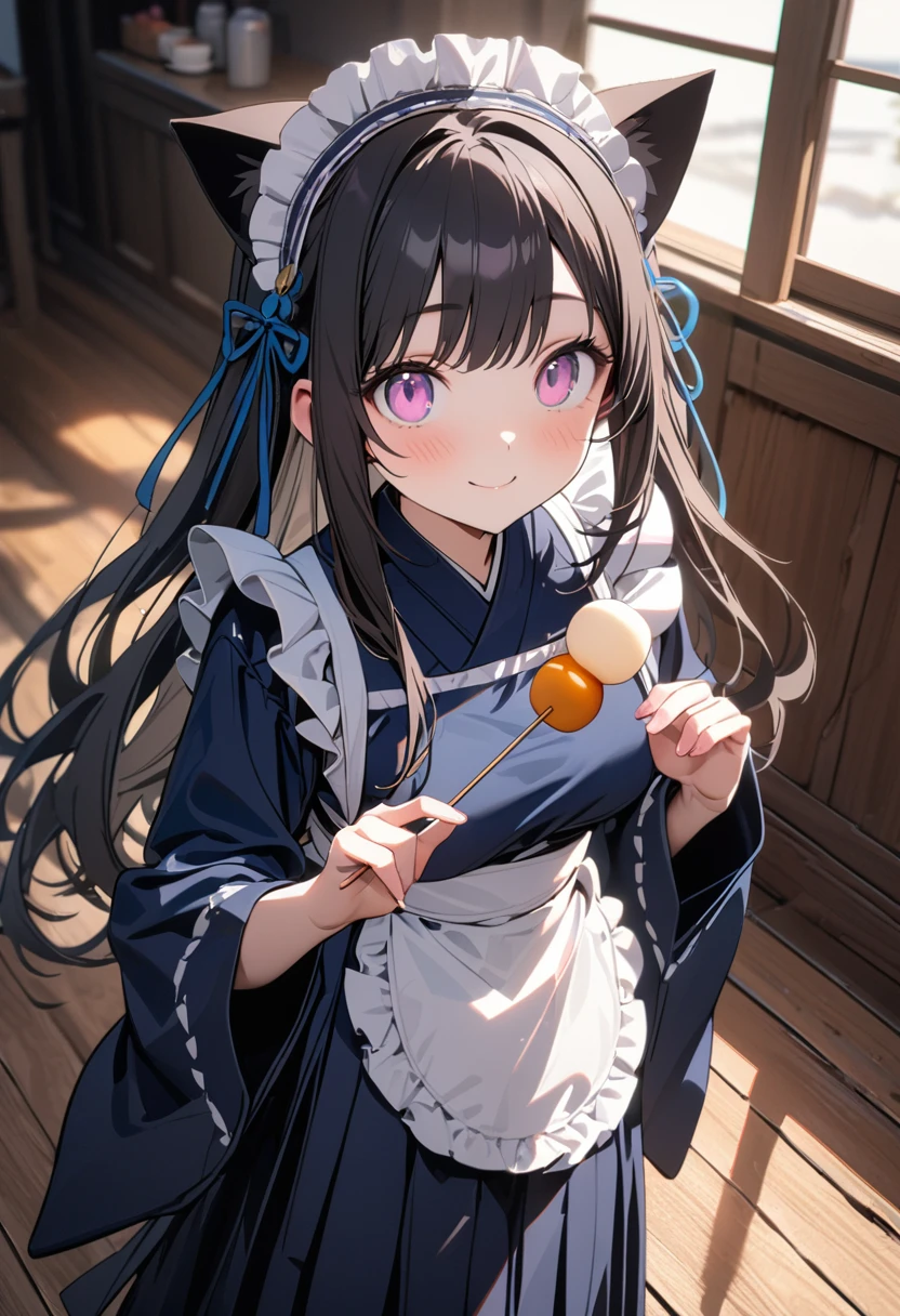 (8K, best quality, master piece: 1.2), super high resolution,1 beautiful girl,ultra-detailed face,cute eyes,(holding a skewered mochi balls),standing,Maid outfit dress, cat ear catsuit,head dress,pink eyes, black hair, long hair,medium breasts,white apron, Navy Blue hakama skirt,wa maid,kimono,wide sleeves,frilled apron,lace trim,Navy Blue ribbon accents,smile,wooden floor ,Rim Light,indoors Japanese cafe