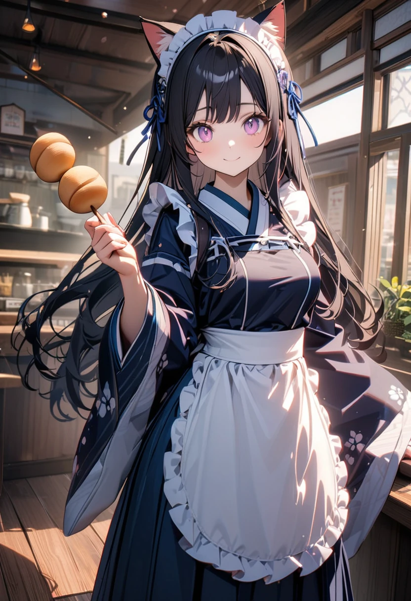 (8K, best quality, master piece: 1.2), super high resolution,1 beautiful girl,ultra-detailed face,cute eyes,(holding a skewered mochi balls),standing,Maid outfit dress, cat ear catsuit,head dress,pink eyes, black hair, long hair,medium breasts,white apron, Navy Blue hakama skirt,wa maid,kimono,wide sleeves,frilled apron,lace trim,Navy Blue ribbon accents,smile,wooden floor ,Rim Light,indoors Japanese cafe