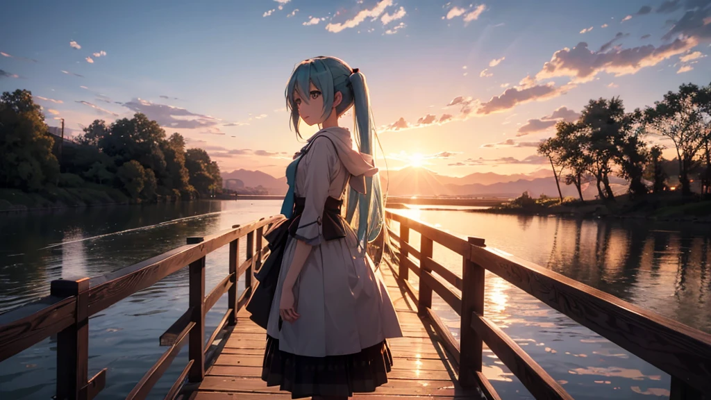 Hatsune Miku standing on a wooden bridge illuminated by the setting sun。She stared into the distance、I&#39;m reminiscing on fond memories。Surrounded by a quiet lake、Her hair is blowing in the wind。This scene is、It has a calm and emotive atmosphere that connects the past and the present.。