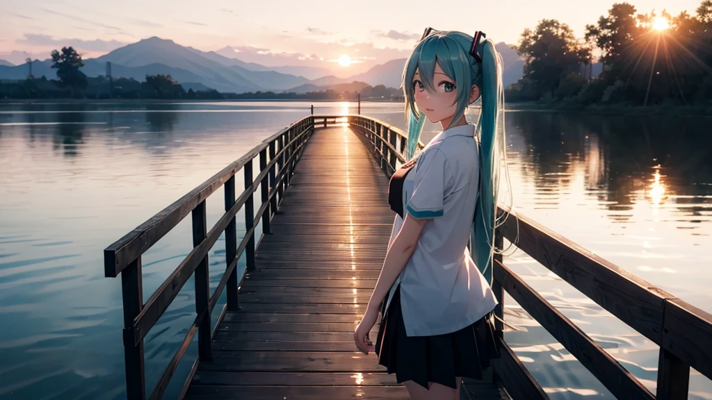 Hatsune Miku standing on a wooden bridge illuminated by the setting sun。She stared into the distance、I'm reminiscing on fond memories。Surrounded by a quiet lake、Her hair is blowing in the wind。This scene is、It has a calm and emotive atmosphere that connects the past and the present.。