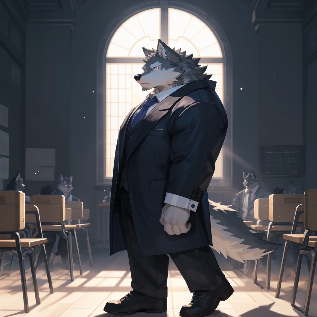 masterpiece,ultra-detailed,illustration,detailed lighting,moonlit shadows,(1 anthro wolf furry character:1.1),(Wolf's facial features:1.1),(Magic academy teacher:1.2),(Completely black fur:1.3),santhropomorphic,piercing eyes,serious expression,black tie,oned up all the way,moonlit interior of magic academy classroom,wooden desks and chairs,blackboard,moonlight filtering through tall windows,a sense of strict discipline,cold intellectualism,restraint,Stand upright with feet slightly apart,hands clasped behind back,完美的male身材,Tight clothing,pawpadsanthropology((Dramatic))epic, Dynamic poses, a scene of, Extreme perspective and powerful composition, Depth of Field, Motion blur, absurd, looking at the audience, Perfect anatomical structure, , arms, (best quality), (masterpiece), (ultra deTailed), Clear focus, Niji, Eye contact, Black eyes, anthropology (Wolf), male, middle aged, Black body, White belly, Tail, muscular, ultra deTailed face,big ball