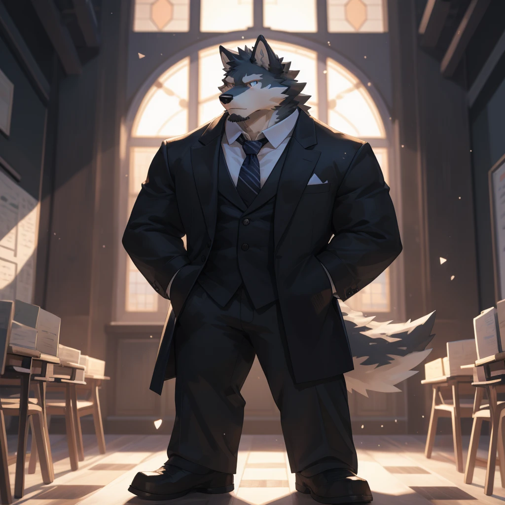 masterpiece,ultra-detailed,illustration,detailed lighting,moonlit shadows,(1 anthro wolf furry character:1.1),(Wolf's facial features:1.1),(Magic academy teacher:1.2),(Completely black fur:1.3),santhropomorphic,piercing eyes,serious expression,black tie,buttoned up all the way,moonlit interior of magic academy classroom,wooden desks and chairs,blackboard,moonlight filtering through tall windows,a sense of strict discipline,cold intellectualism,restraint,Stand upright with feet slightly apart,hands clasped behind back,完美的male身材,Tight clothing,pawpadsanthropology((Dramatic))epic, Dynamic poses, a scene of, Extreme perspective and powerful composition, Depth of Field, Motion blur, absurd, looking at the audience, Perfect anatomical structure, , arms, (best quality), (masterpiece), (ultra deTailed), Clear focus, Niji, Eye contact, Black eyes, anthropology (Wolf), male, middle aged, Black body, White belly, Tail, muscular, ultra deTailed face,big balls