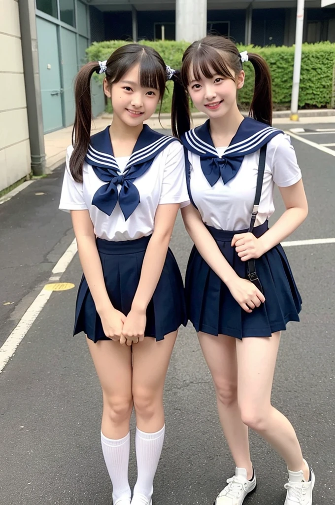 2 girls standing in school yard,short-sleeved white sailor leotard with navy blue skirt frills,plaid bow tie,school bags,18-year-old,bangs,a little smile,large bare thighs,knees,legs apart,short hair with low pigtails,from before,front light