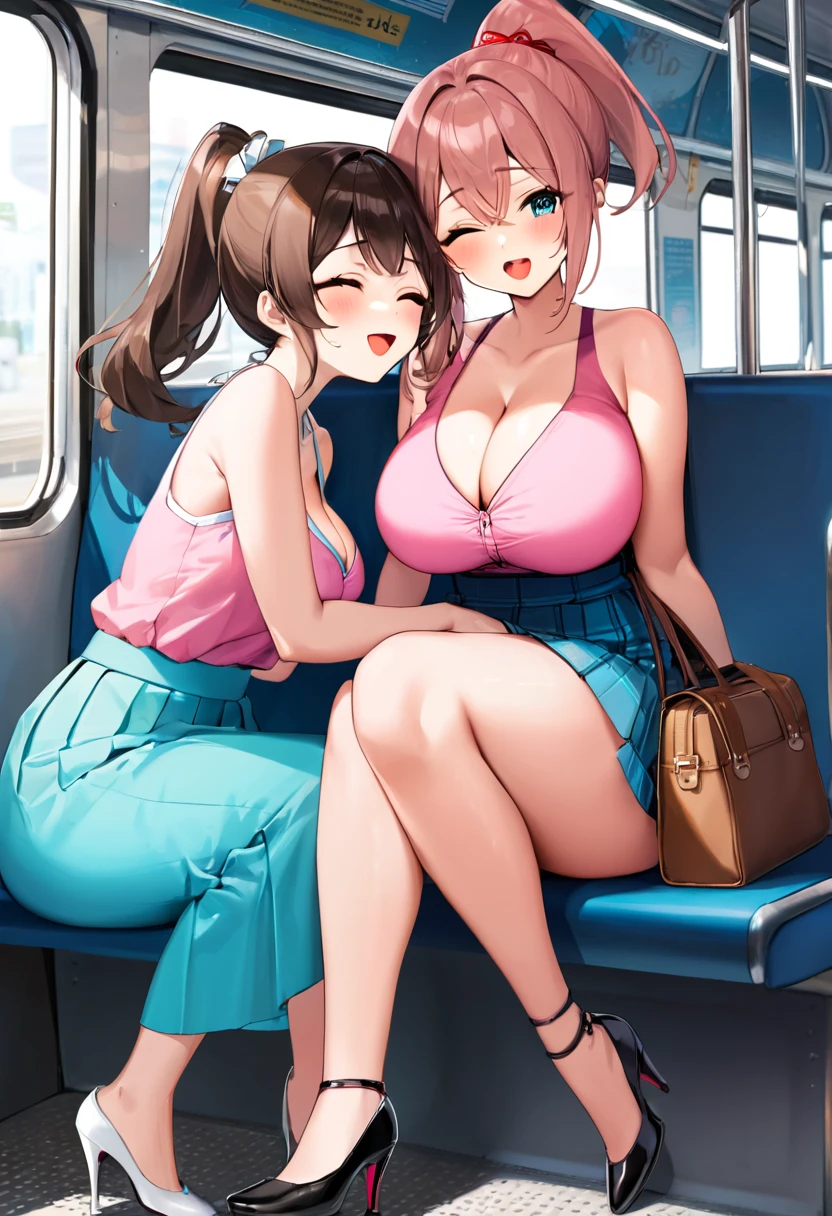 1. Beautiful Women, Big body, Asian Girl, ponytail, Contoured eyelids, Makeup eyelids, Sleeveless shirt, Pink Shirt, Cleavage, skirt, turquoise skirt, High heels, Cream colored shoes, Brown bag, Sit on the bus and sleep, Open your mouth, close your eyes、Love Jure