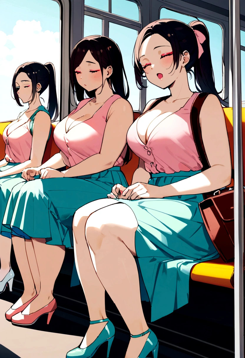 1. Beautiful Women, Big body, Asian Girl, ponytail, Contoured eyelids, Makeup eyelids, Sleeveless shirt, Pink Shirt, Cleavage, skirt, turquoise skirt, High heels, Cream colored shoes, Brown bag, Sit on the bus and sleep, Open your mouth, close your eyes、Love Jure